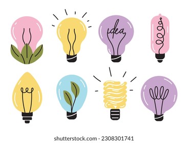 Creative light bulbs set. Idea and inspiration, brainstorming. Creativity and art. Start up or business project. Electricity and power. Cartoon flat vector collection isolated on white background