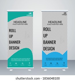 Creative light green, light blue colour roll up banner design