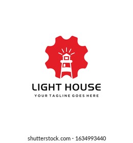 Creative light house with gear logo template design vector illustration