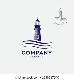 Creative light house logo with water waves vector illustration symbol