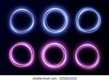 Creative light neon round frame png. Frame made of round luminous blue and pink lines. Design element for games, websites, postcards, light banners.