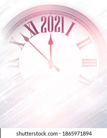 Creative light pink clock showing 2021 year. Vector holiday illustration.