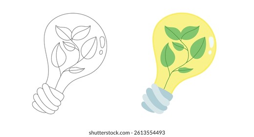 Creative lightbulb design with glowing green leaves inside, symbolizing clean electricity, renewable power, and botanical energy innovation.