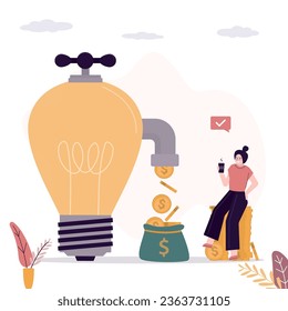 Creative lightbulb with pipe and tap. Money flow from successful business idea. Rich woman investor making money. Businesswoman take earnings or profit from innovation idea. Open light bulb faucet.