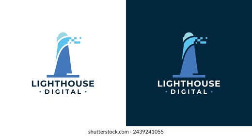 Logo Digital de Creative Lighthouse. Los rayos del faro como datos digitales con estilo minimalista. Beacon Tech Logo Icono Símbolo Vector Diseño Inspiración.