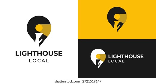 Modelo de logotipo local do farol criativo. Luz distante com pino mapa localização ponto logotipo design vetor ilustração.
