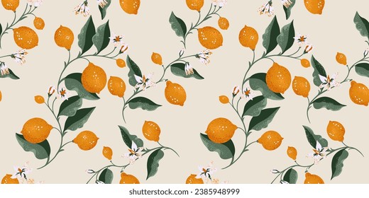  Creative lime and lemon branches seamless pattern on a light background. Vector hand drawn doodle. Summer citrus fruits illustration for print. Template for design, textile, fashion, print, surface