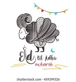 Creative Line Art based Sheep Design with sytlish text on decorative background for Muslim Festival Eid Ul Adha Mubarak. 
