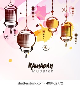Creative line art design with hanging lanterns and stars on colorful texture background for holy month of Muslim's Community Festival Ramadan Kareem.