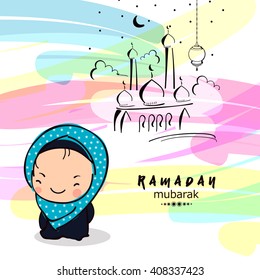 Creative line art design for holy month of Muslim's Community Festival Ramadan Kareem with mosque scene and a cute girl on colorful background.
