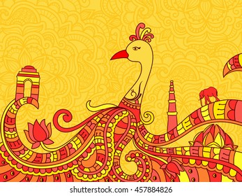 Creative line art design of Indian National Bird Peacock with other symbols and monuments for Independence Day and Republic Day celebration.