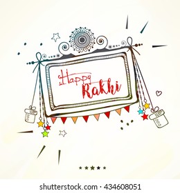 Creative line art doodle based frame with stylish text of Happy Rakhi on decorative background for Happy Raksha Bandhan Festival.