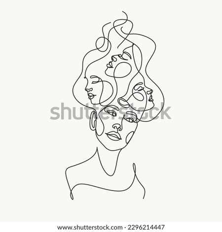 Creative line art drawing concept of woman head with hair like faces. Surreal illustration of thinking woman. Different faces of woman. Hair salon concept. Trendy mininalist illustration 