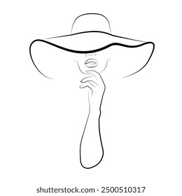 Kreative Linie Kunst Zeichnung des eleganten weiblichen Porträts in Hut. Lineare minimalistische künstlerische Vorlage des weiblichen Gesichts. Vektorgrafik für Wandkunst, Poster, Karte, Flyer, Banner, Modebroschüre, Drucken