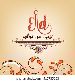 creative Line art floral based  vector design for Milad un Nabi with nice and beautiful floral design illustration in bottom and creative text of EID with mosque in top 