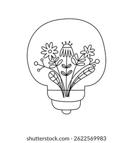 Creative line art of flowers growing in a light bulb. Minimal, trendy design for eco and nature themes. Vector illustration on an isolated background.