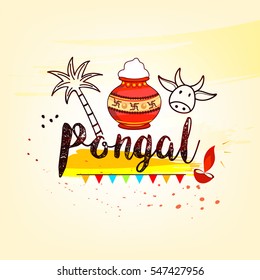 Creative Line Art Greeting Card design for the festival Pongal on decorative and colorful grungy background.