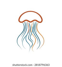 A creative line art illustration of a jellyfish featuring a simple bell shape and elegant flowing tentacles in blue and orange colors on a white background