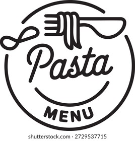 Logotipo de arte de linha criativa com garfo girando macarrão de espaguete acima do texto de script elegante Pasta. Título do menu emoldurado por borda circular decorativa com elemento sorriso.
