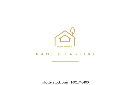 A Creative line art logo of a house with  pool and tree