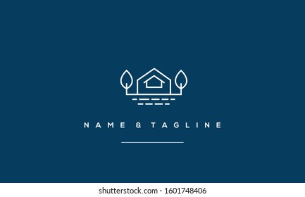 A Creative line art logo of a house with  pool and tree