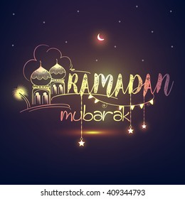 Creative line art shiny text of Ramadan Kareem on dark background for holy month of Muslim's Community Festival Ramadan Kareem.