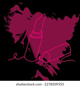 Creative line art with viva magenta lipstick on style black background. Poster for beauty studio.