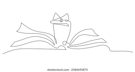 Creative line drawing of a frog sitting on an open book with whimsical style