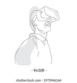 Creative line drawing (Man in glasses device virtual reality) ,Vector illustration.