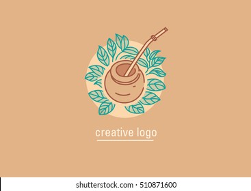 Creative line Logo on tea traditions. Tea leaves and tea mate