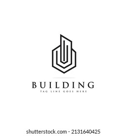 creative line and outline building real estate logo design, abstract skyline vector template, city construction logo, apartment, urban building, business investment icon template