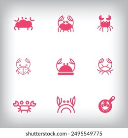 Creative linear 9-piece crab logo set. Unique ocean creature and business, company icon template. vector