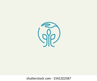 Creative linear blue logo icon image of a plant with leaves and hand in a circle protecting nature