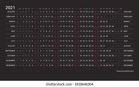 Creative linear calendar 2021, saturdays and sundays selected. White letters on a black background with red holidays. Editable vector template for print design.