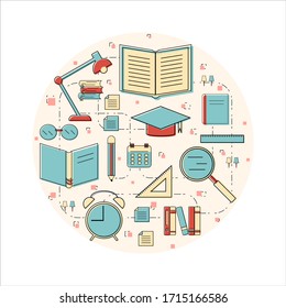 Creative linear education concept design. Modern vector illustration in circle. Concept for banner, web illustration, online advertise. 