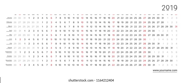 Creative linear english 2019 calendar - day schedule, vector editable template, horizontal grid with selected holidays - sundays