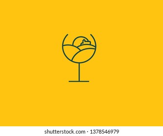 Creative linear logo icon wineglass and field with home inside for a business company