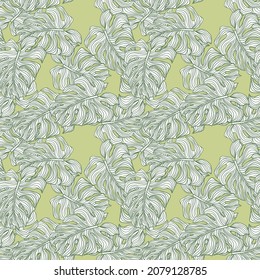 Creative linear monstera outline seamless pattern. Tropical leaves backdrop. Abstract tropical botanical wallpaper. Design for fabric , textile, surface, wrapping. Vector illustration