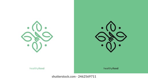 Creative Linear Outline Healthy Organic Logo. Eco Vegetarian Fresh Food Green Salad Healthy Food Logo Design Template.