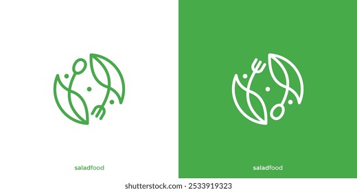 Criativo Linear Contorno Saudável Logotipo orgânico. Eco Vegetariano Comida Fresca Salada Verde Comida Saudável Logotipo, Ícone, Símbolo, Inspiração De Design.