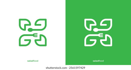 Creative Linear Outline Healthy Organic Logo. Eco Vegetarian Fresh Food Green Salad Healthy Food Logo Design Template.
