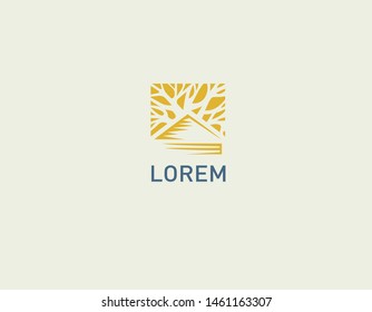 Creative linear yellow logo icon house and tree nature eco