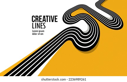 Creative lines vector abstract background, 3D perspective linear graphic design composition, stripes in dimensional rotation poster or banner.