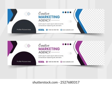 Plantilla creativa de diseño de portada de LinkedIn con dos variaciones de color para su agencia de marketing comercial y una Plantilla de diseño de Anuncio para su encabezado.