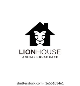 Creative lion face on house logo design vector illustration emblem template