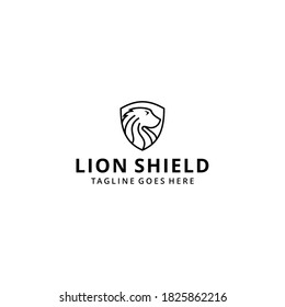 Creative lion head with shield logo design vector illustration, emblem template