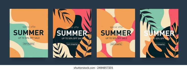 Conjunto de diseño de verano líquido creativo con patrones y hojas Abstractas retro. Fondo moderno para publicidad, Web, medios sociales, afiches, Anuncios y portadas. Oferta de venta 50%.