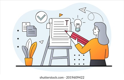 Creative literature writer. Woman holds pencil in her hand and writes interesting article. Blogging and copywriting. Journalist posts article on social network. Cartoon doodle flat vector illustration