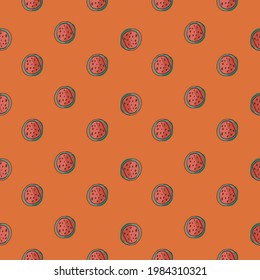 Creative little pink watermelon elements seamless doodle pattern. Orange background. Doodle berry print. Flat vector print for textile, fabric, giftwrap, wallpapers. Endless illustration.