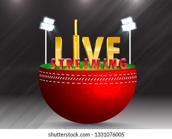 Creative live streaming emblem with 3d text and night stadium illustration for Cricket tournament concept.